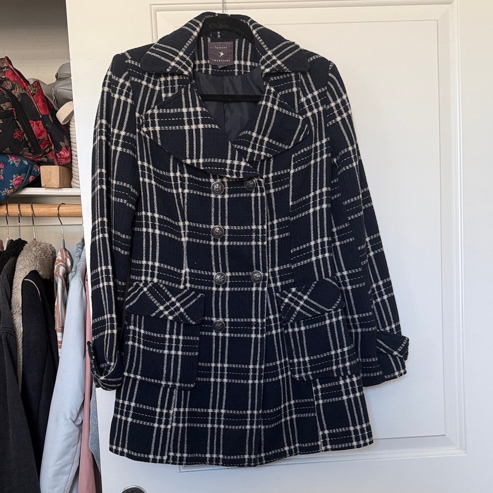 Forever 21 Navy and White Checkered Pea Coat
